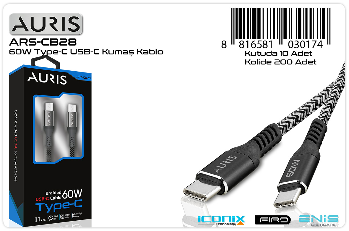 M2616-Auris CB28 60W Kumaş Type-C To Type-C Kablo